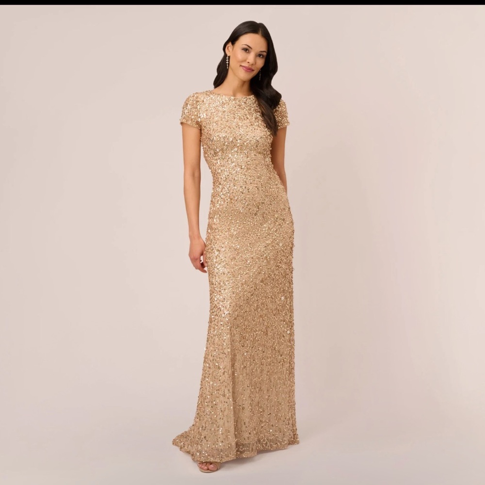 Adrianna Papell Gold Sequin Gown SZ 10 NWT Formal Evening Dress GALA MOB Modest